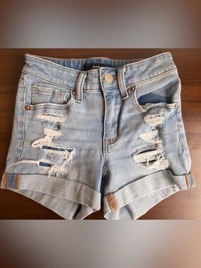 Aero high-rise midi blue denim shorts with distressed details size 0